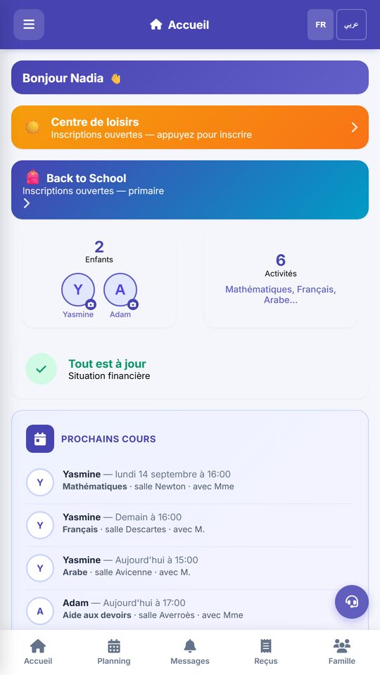 L'accueil de l'application : les enfants de la famille, l'état des paiements et les prochains cours.