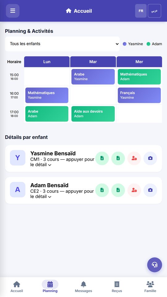 Le planning de la semaine, chaque enfant dans sa couleur.